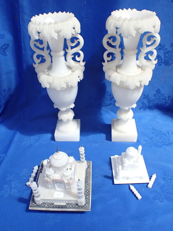 A PAIR OF VICTORIAN CARVED ALABASTER VASES