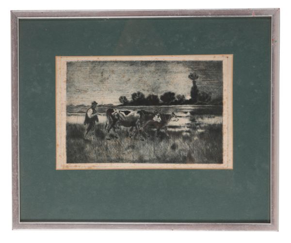 20TH CENTURY SCHOOL, MARSHLAND SCENE AT EVENING, WITH COWHERD AND COWS TO FOREGROUND