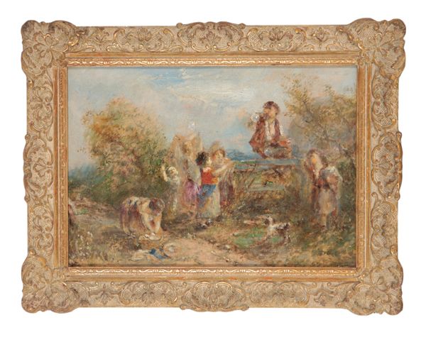 ASCRIBED TO WILLIAM MCTAGGART (1835-1910), CHILDREN PLAYING AT A FARM GATEWAY