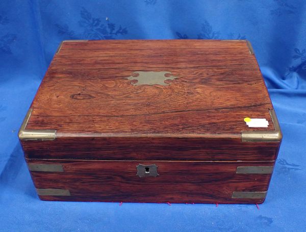 A BRASS BOUND JEWELLERY BOX/DESK BOX