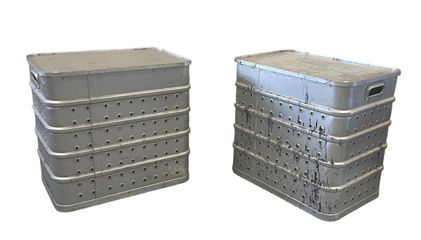 A PAIR OF ALUMINIUM LAUNDRY OR COTTON BINS