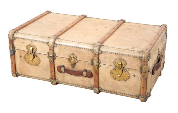 A FRENCH VELLUM BRASS AND WOOD-BOUND TRUNK