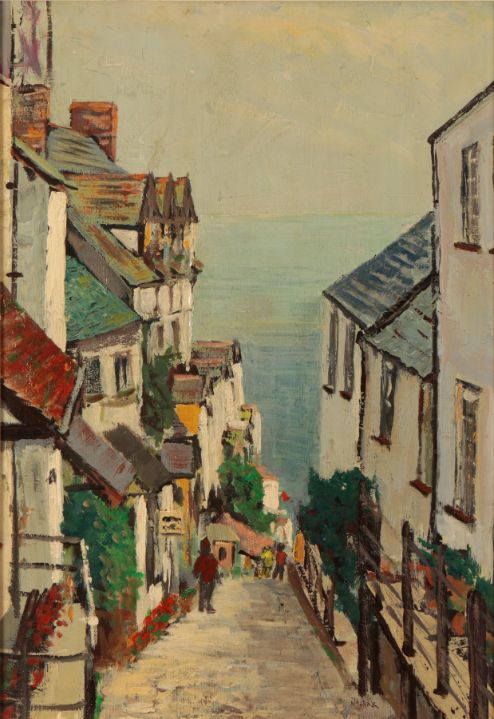 *JOHN ANTHONY PARK (1880-1962) Clovelly High Street with the sea beyond