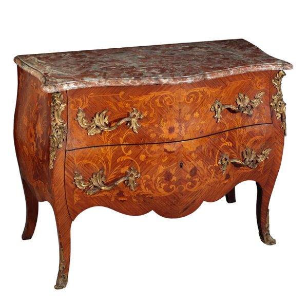 A FRENCH ORMOLU MOUNTED, FRUITWOOD AND MARQUETRY BOMBÉ COMMODE