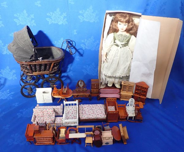 A VICTORIAN STYLE DOLL'S PRAM, A BOXED ALBERON DOLL