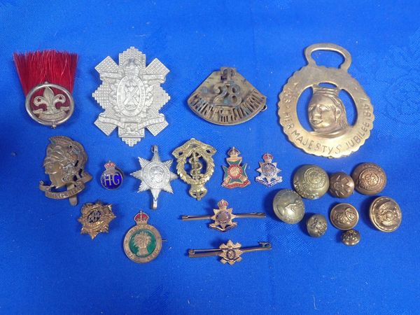 A COLLECTION OF MILITARY CAP BADGES, BUTTONS