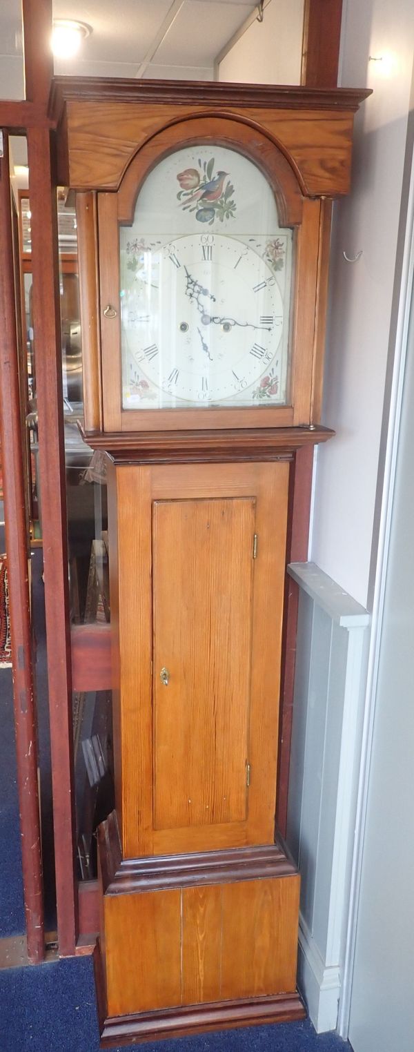 A 19TH CENTURY STRIPPED PINE EIGHT-DAY LONGCASE CLOCK