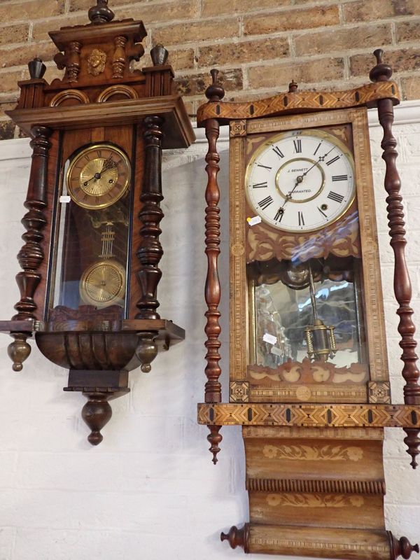 AN AMERICAN WALL CLOCK WITH PARQUETRY DECORATED CASE