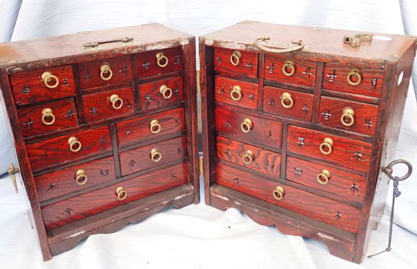 A CHINESE BRASS MOUNTED ELM FINISH TABLE CABINET