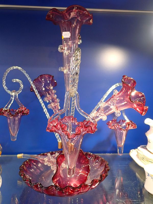 A VICTORIAN CRANBERRY GLASS EPERGNE