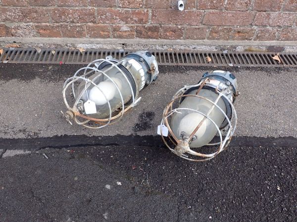 A PAIR OF INDUSTRIAL PENDANT LIGHTS