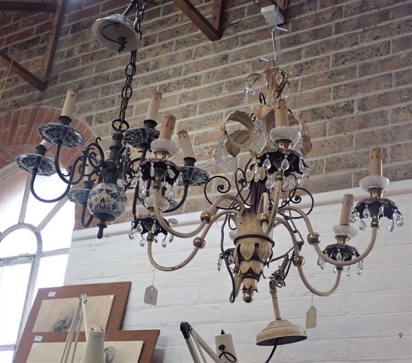 A BLUE AND WHITE CERAMIC AND METAL CHANDELIER