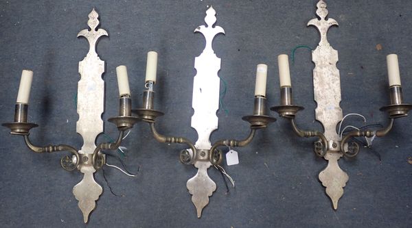 THREE FRENCH CHATEAU STYLE PEWTER COLOURED WALL LIGHTS