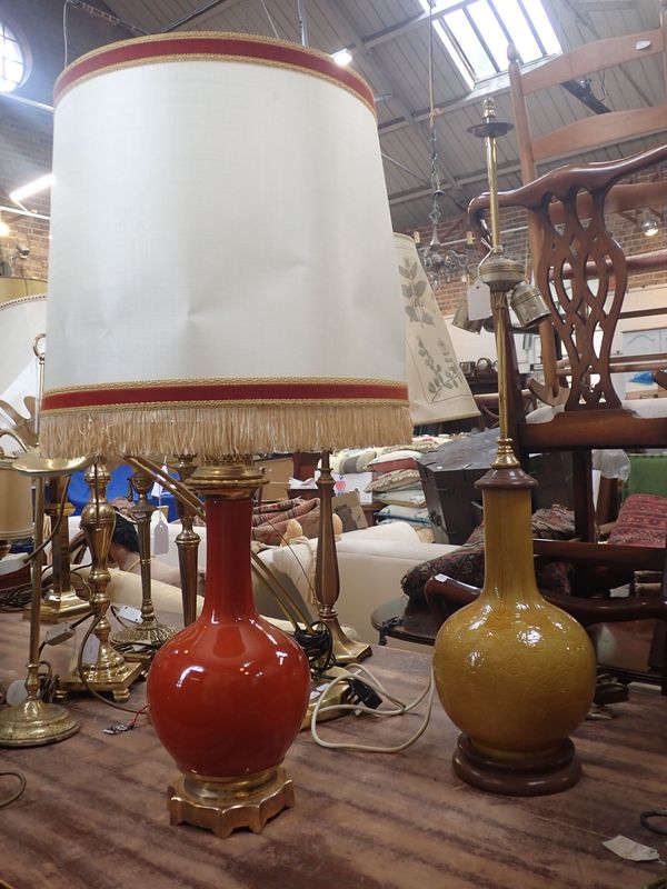 A  CHINESE STYLE YELLOW POTTERY LAMP