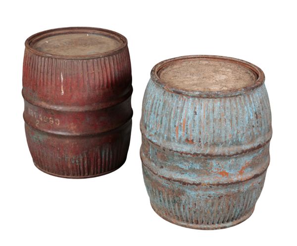 TWO PAINTED GALVANISED METAL DRUMS