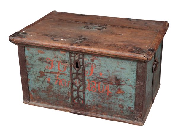 A PAINTED PINE AND WROUGHT IRON MOUNTED CHEST, PROBABLY SCANDINAVIAN