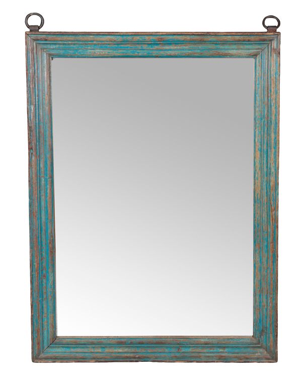 A BLUE-PAINTED AND DISTRESSED MIRROR