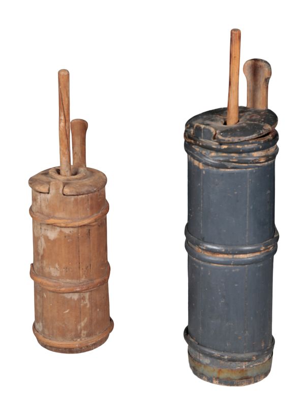 TWO COOPERED BUTTER CHURNS