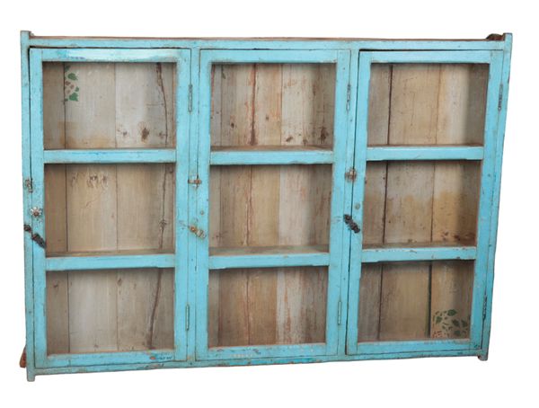 A BLUE-PAINTED HANGING CABINET