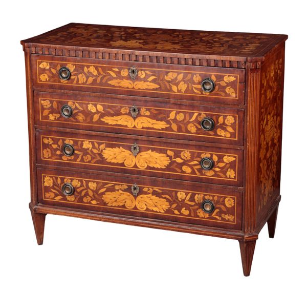 A DUTCH WALNUT AND MARQUETRY CHEST OF DRAWERS