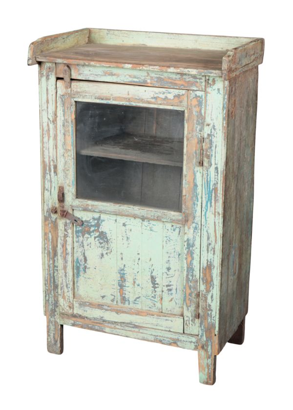 A GREEN-PAINTED AND DISTRESSED CUPBOARD