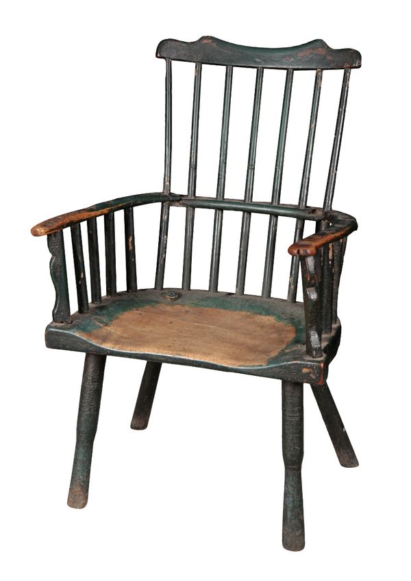 A PRIMITIVE GREEN-PAINTED ASH, ELM AND SYCAMORE WINDSOR ARMCHAIR