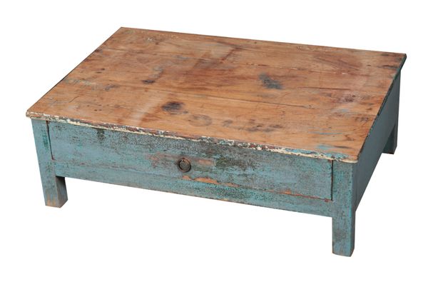 A BLUE-PAINTED TABLE-TOP UTILITY DRAWER