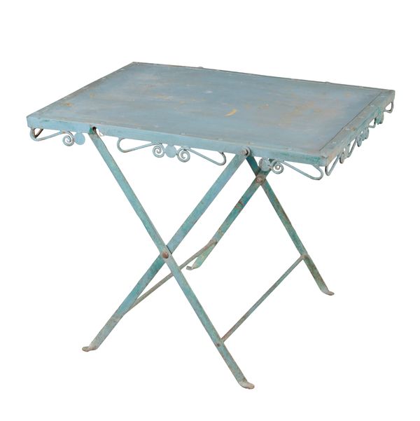 A BLUE-PAINTED CAST-IRON FOLDING TABLE