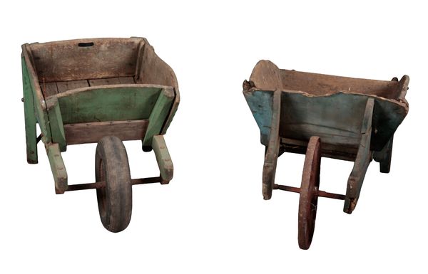 TWO VINTAGE PAINTED WHEEL BARROWS