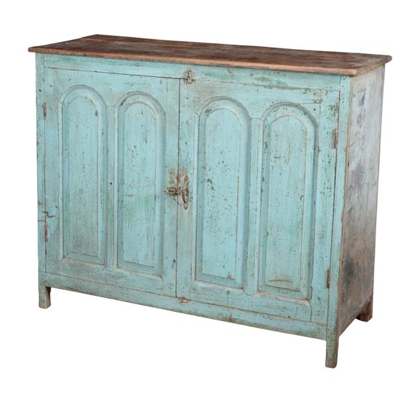 A BLUE-PAINTED SIDE CABINET