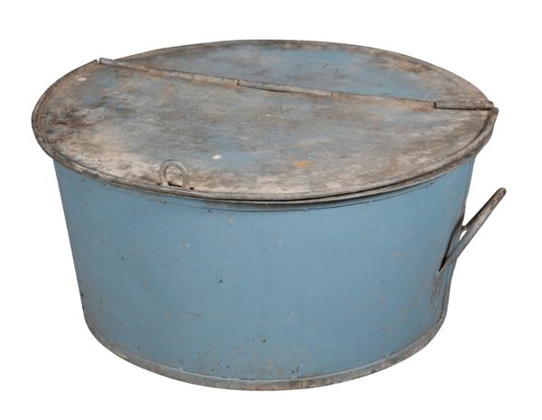 A PAINTED METAL DRUM OR DOLLY TUB