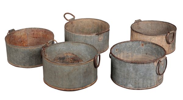 A GROUP OF FIVE GALVANISED JARDINIERES