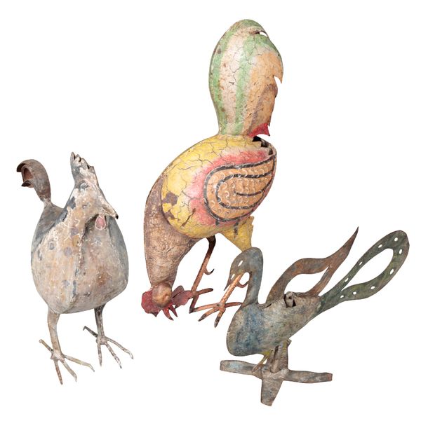 TWO PAINTED METAL CHICKENS