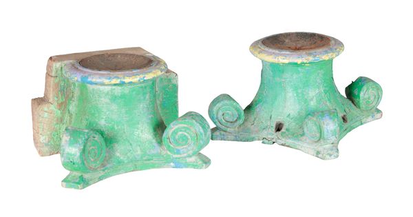TWO SIMILAR GREEN-PAINTED PRICKET CANDLESTICKS