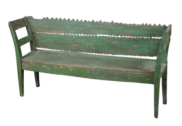 A CONTINENTAL GREEN-PAINTED AND DISTRESSED HALL BENCH