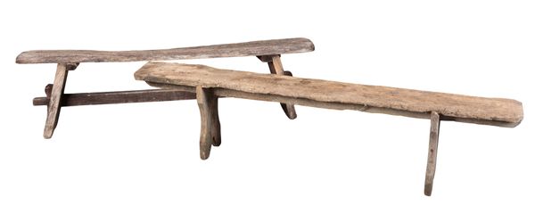 TWO WEATHERED OAK TRESTLE BENCHES