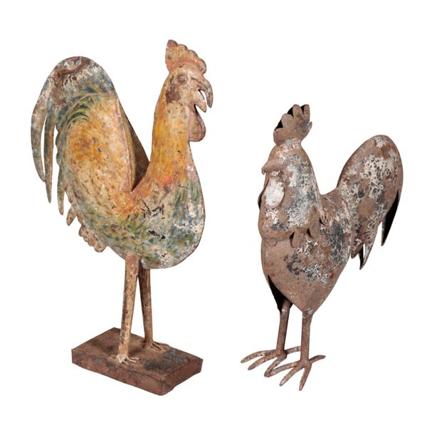 TWO PATINATED AND PAINTED METAL COCKERELS