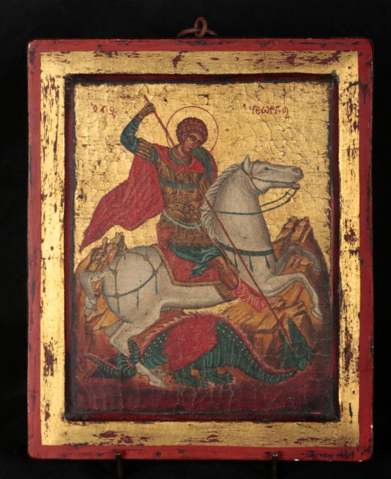 A DECORATIVE PINE ICON DEPICTING ST GEORGE