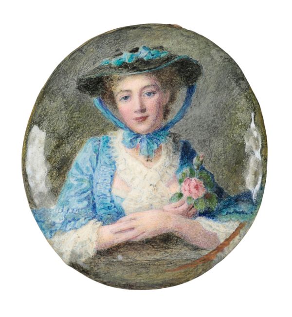 AN EARLY 20TH CENTURY ENAMEL CONVEX OVAL PLAQUE