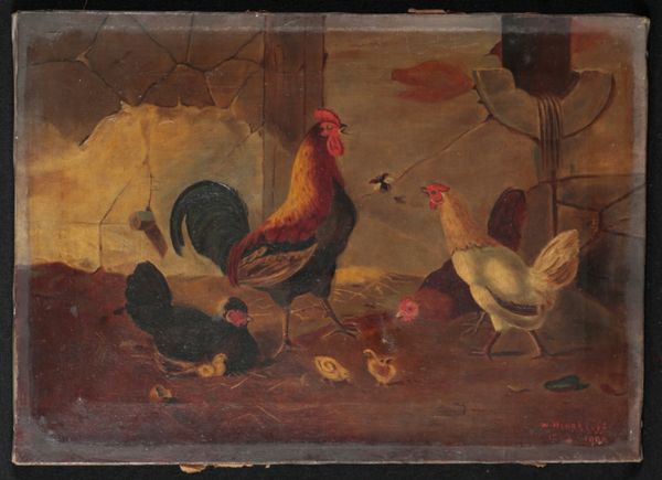 W. HINCHLIFF; COCKERELS IN A FARMYARD,