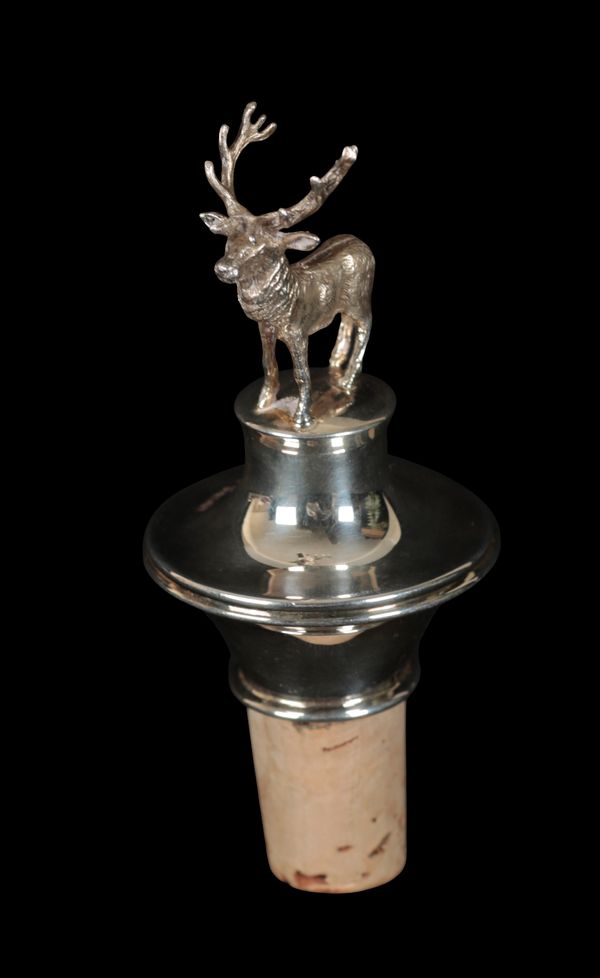 AN ELIZABETH II SILVER MOUNTED STAG BOTTLE STOPPER