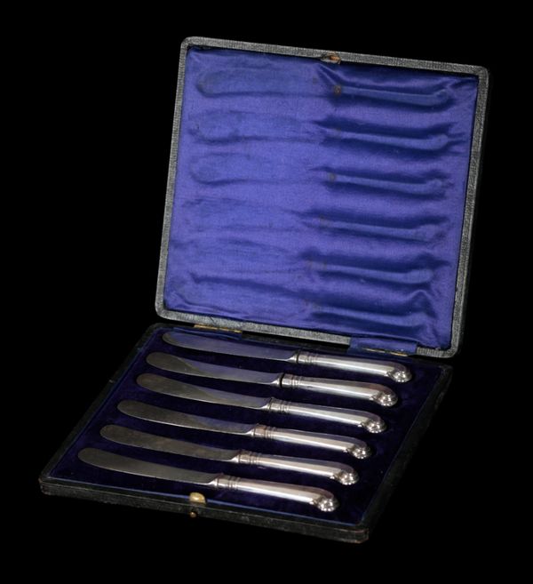 A SET OF SIX EDWARD VII SILVER HANDLED 'PISTOL GRIP' TEA KNIVES