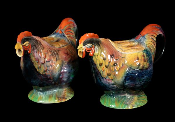 TWO ROOSTER PORCELAIN TEAPOTS