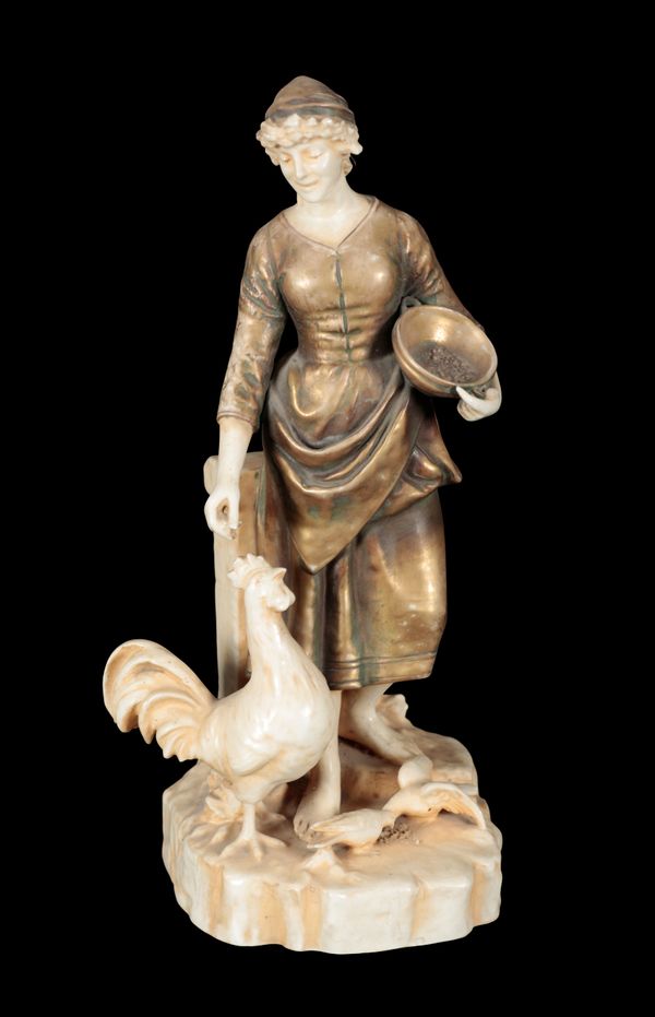 A ROYAL DUX TYPE PORCELAIN FIGURE OF A FARMER FEEDING HER CHICKENS