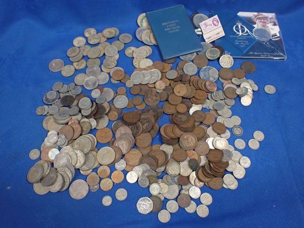 A QUANTITY OF COINS, SOME PRE 1947 SILVER, VICTORIAN 'GOTHIC' FLORINS