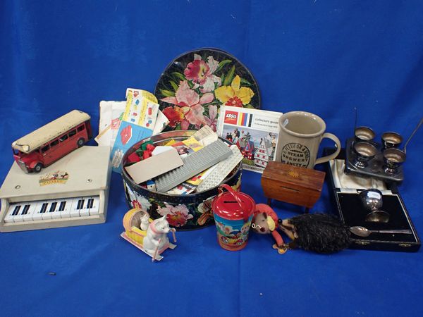 A CHAD VALLEY NODDY TIN PAIL MONEY BOX, A 'PIXIANO' TOY PIANO