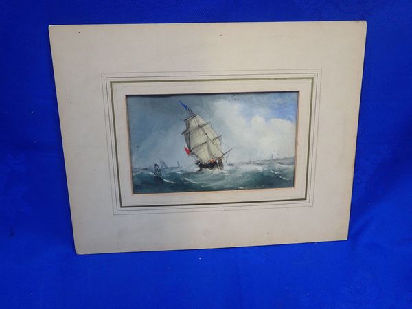 A WATERCOLOUR OF A SAILING VESSEL IN  A BOISTEROUS SHORT SEA