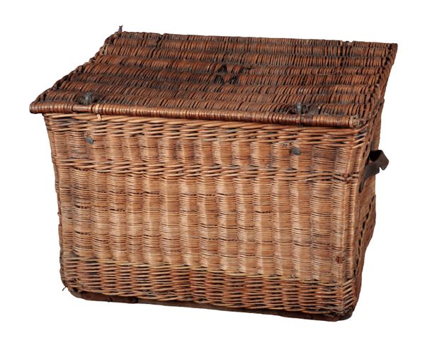 A LARGE WICKER LAUNDRY BASKET