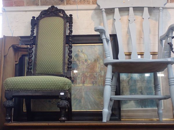 A PAINTED WINDSOR ARMCHAIR, A VICTORIAN CARVED CHAIR
