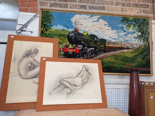 A FRAMED TAPESTRY/RUG DEPICTING A GWR EXPRESS AT SPEED